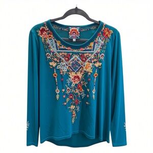 Johnny Was Los Angeles Teal Floral Embroidered Cotton Long-sleeve Top Size M